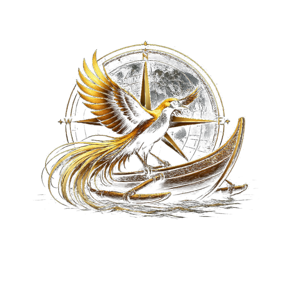 Meridian — Bird of Paradise on Papuan canoe with compass rose